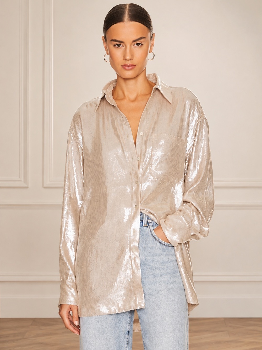Retrofête Jace Sequin Statement Champagne Oversized Button Down Long Sleeve